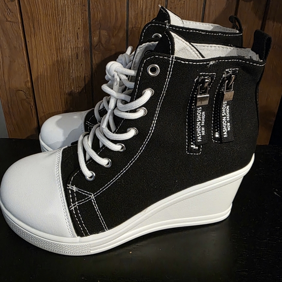 None Shoes - Stylish Black and White High-Top Wedge Sneakers